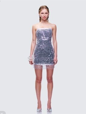 Strapless Silver Sequin Fringe Mini Dress